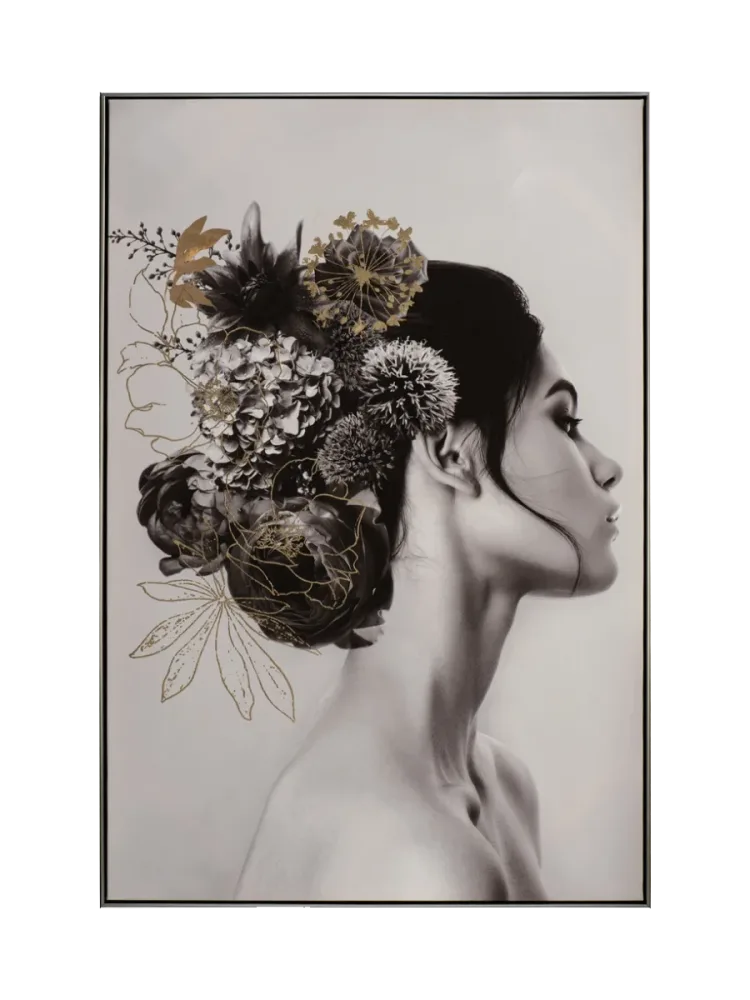 image LAND Bild mit Rahmen Dame mit Schwarzem Haar und Blumen  | Schubiger Möbel