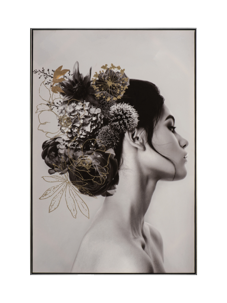 image LAND Bild mit Rahmen Dame mit Schwarzem Haar und Blumen  | Schubiger Möbel