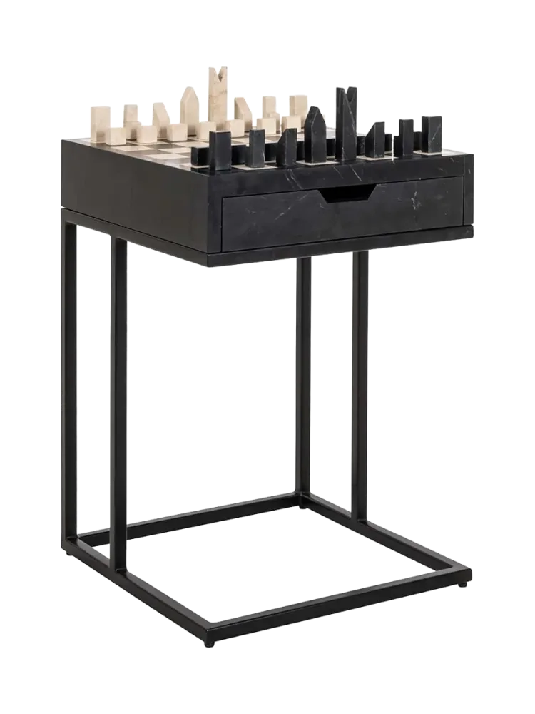 Marmor Design Beistelltisch „Davos“ mit integriertem Schachspiel Schwarz, Beige Richmond Interiors