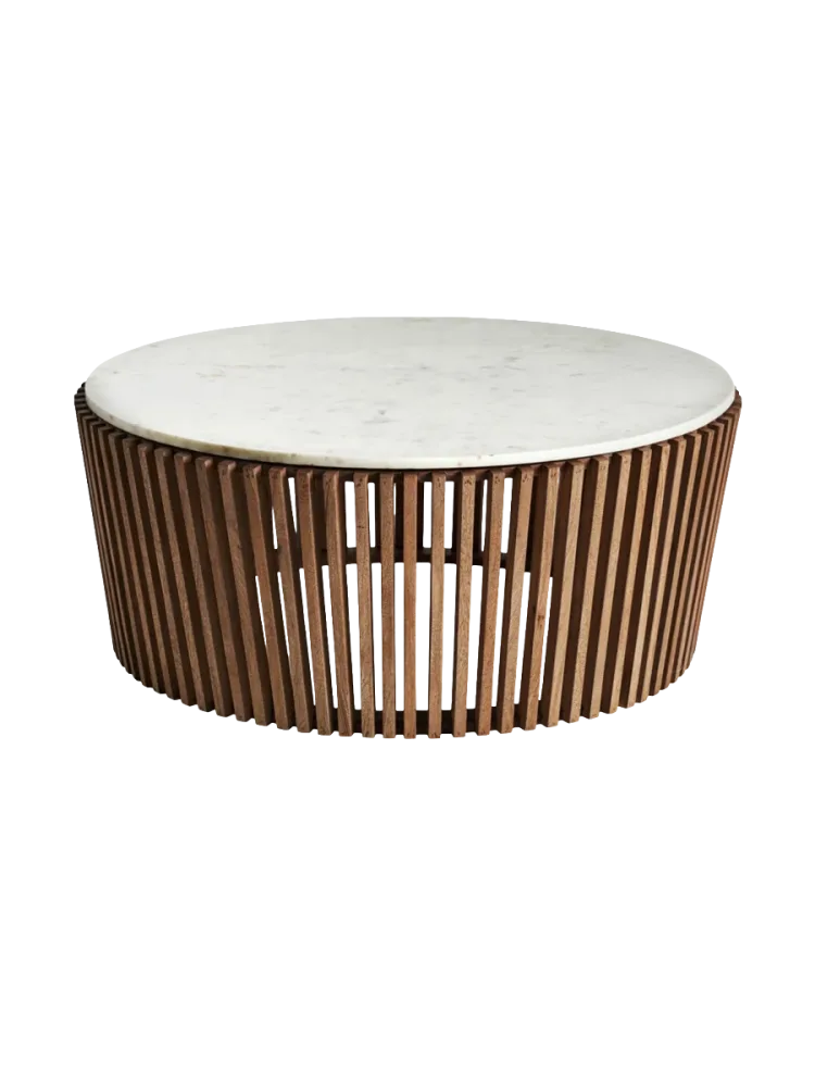 Design Couchtisch „Goms“ mit weisser Marmorplatte Akazienholz Braun, Weiss Vical Home