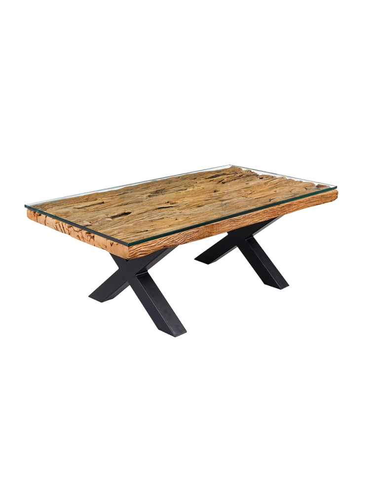 Massiver Design Couchtisch „Shark X“ - recyceltes Teakholz inkl Glasplatte Invicta Interiors