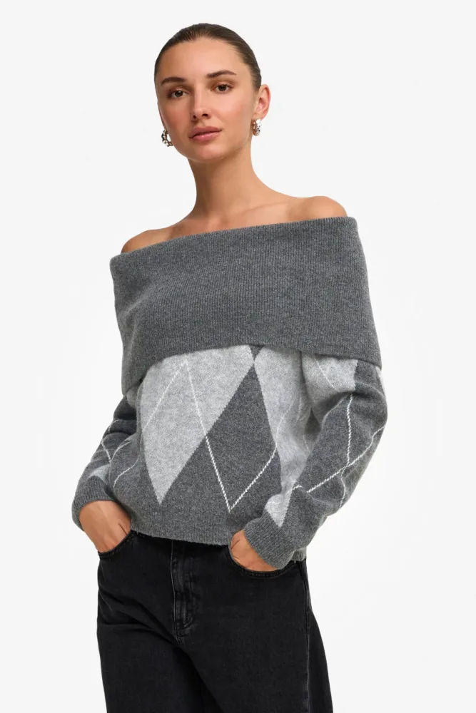 Only ONLALIVIA Off Shoulder Strickpullover - Dark Grey Melange S Damen