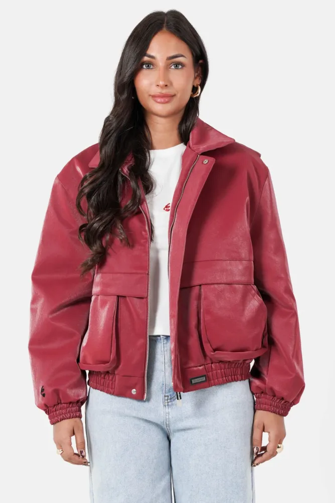 Sixth June Leichte Bomber Kunstlederjacke - Burgundy S Damen