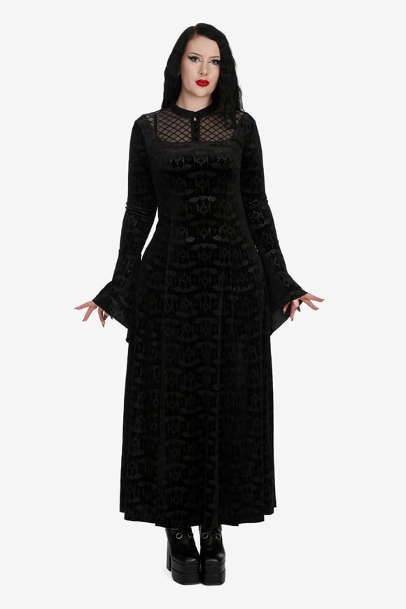 Banned Hex Gothic Bat Samt Maxikleid - Black XS Damen