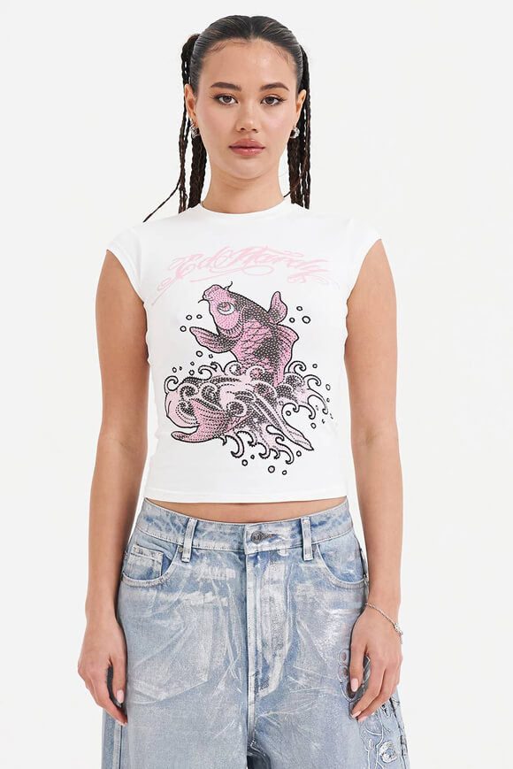 Ed Hardy Koi Fish Crop T-Shirt - White S Damen