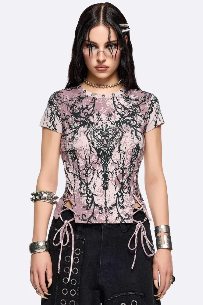 Minga London Heartless Crop T-Shirt - Mauve Ancient + Black L Damen
