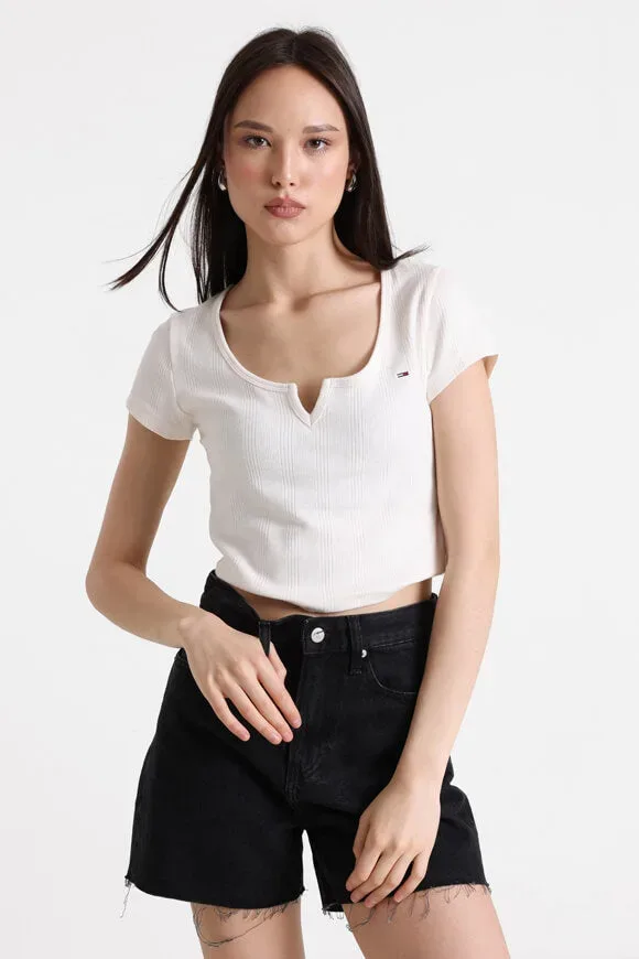 Tommy Jeans Geripptes Crop T-Shirt - Ancient White XS Damen