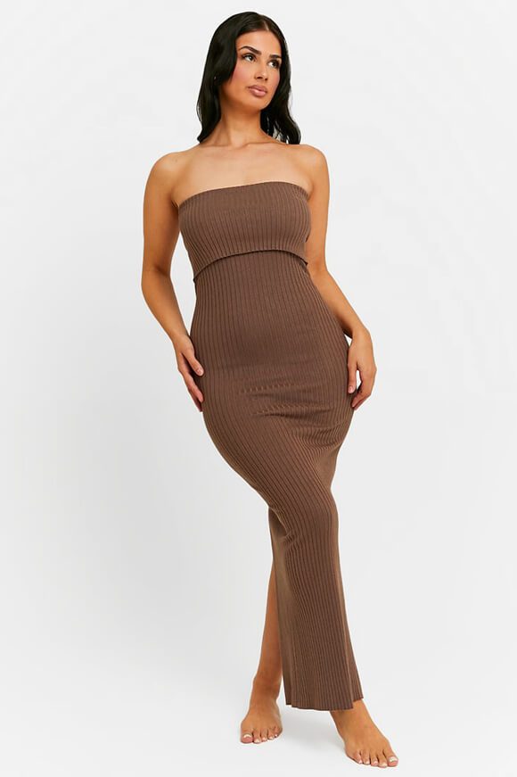Tally Weijl Geripptes Bandeau Maxi Stickkleid - Brown S Damen