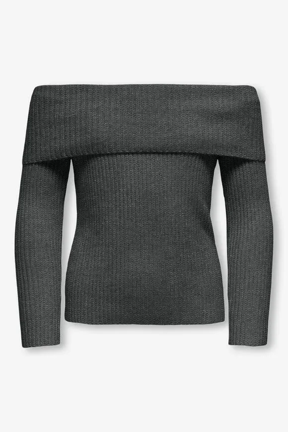 Only KOGKATIA Off Shoulder gerippter Strickpullover - Dark Grey Melange 158-164 Kids