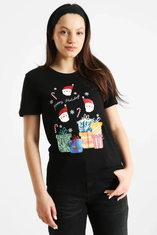 Only Weihnachts-T-Shirt - Black M Damen