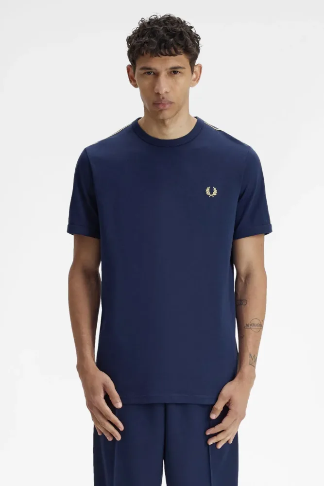 Fred Perry Contrast Tape Ringer T-Shirt - Blue + Champagne M Herren