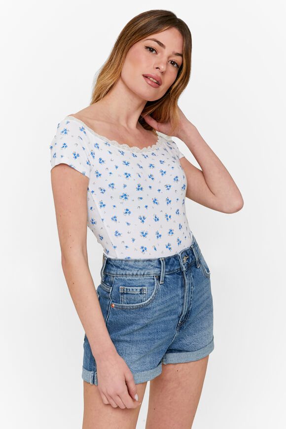 Tally Weijl Off Shoulder Crop T-Shirt - White + Blue M Damen