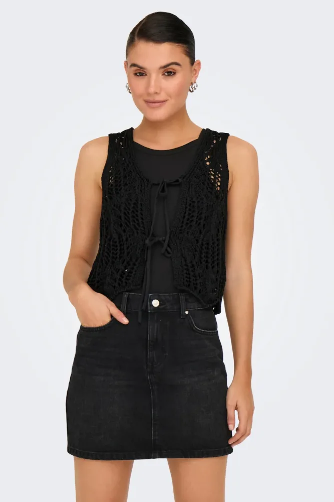 Only ONLLIZZY Crop Häkel Gilet - Black S Damen