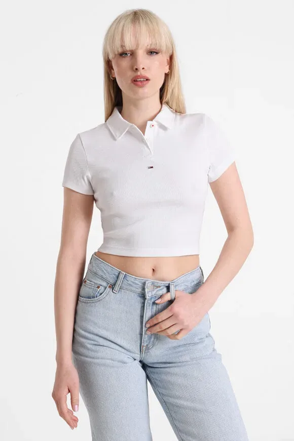 Tommy Jeans Geripptes Crop Poloshirt - White M Damen