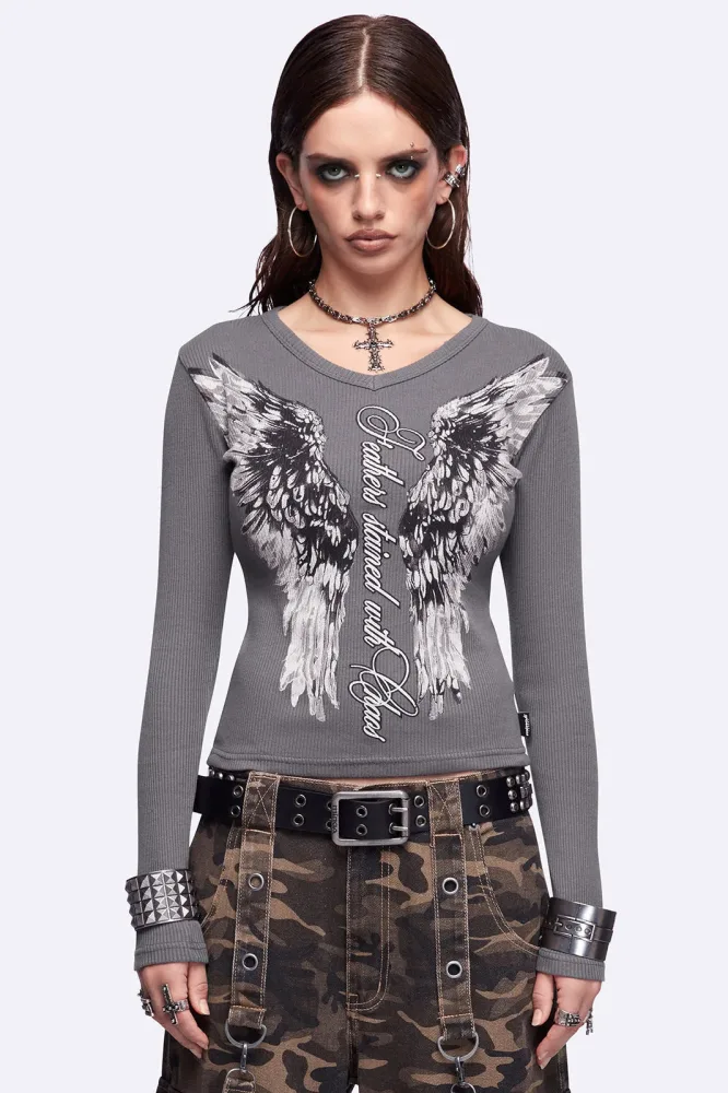 Minga London Feathers Stained geripptes Langarmshirt - Dark Grey S Damen