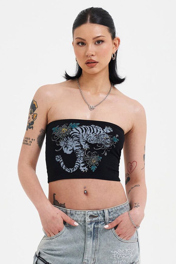 Ed Hardy Snow Tiger Bandeau Crop Top - Black S Damen