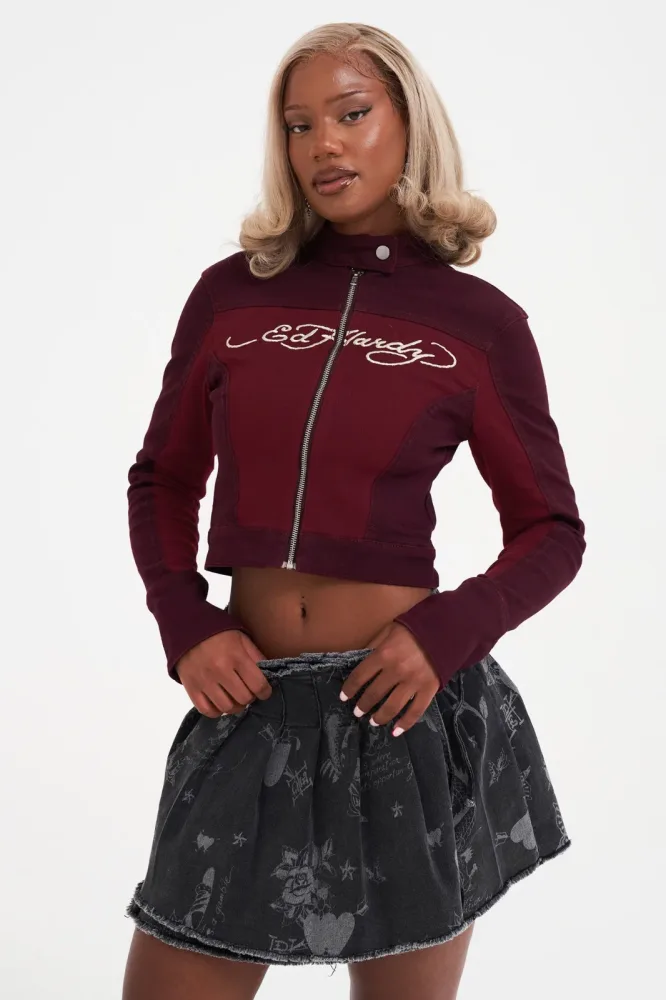 Ed Hardy Crop Bikerjacke - Burgundy M Damen