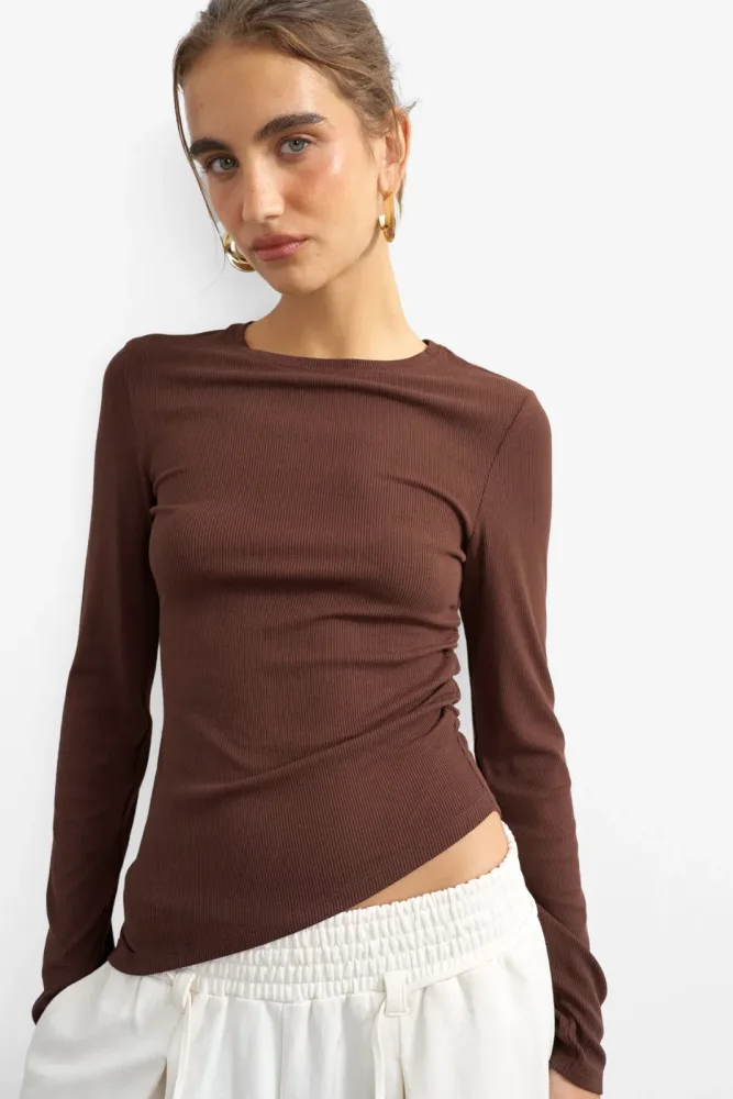 TOPSHOP TSRIA geripptes Langarmshirt - Chocolate Brown S Damen