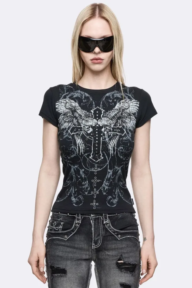 Minga London Winged Cross T-Shirt mit Nieten - Black M Damen