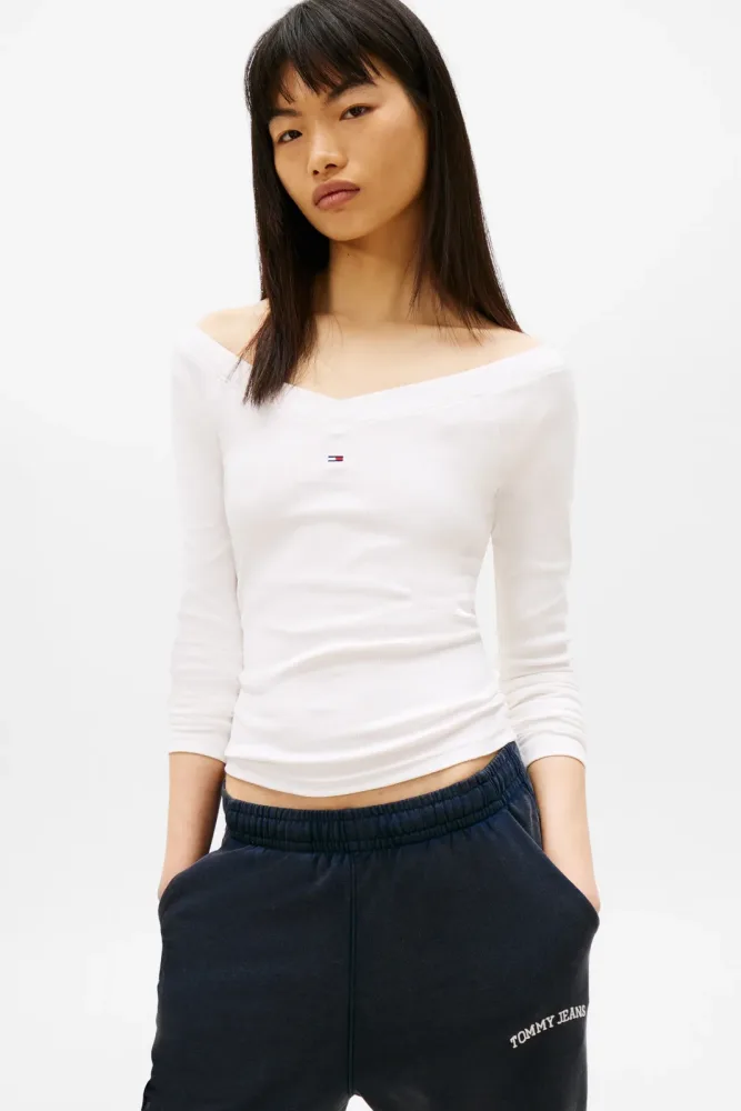 Tommy Jeans Geripptes Off Shoulder Langarmshirt - Offwhite M Damen