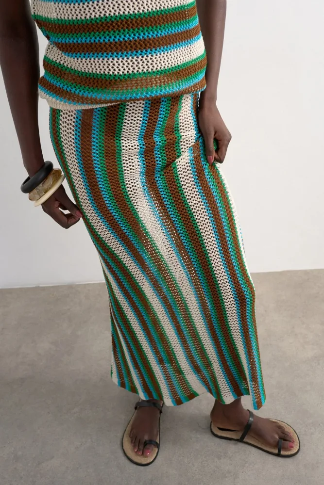 TOPSHOP TSINGVILD Maxi Häkelrock - Classic Blue + Brown XS Damen