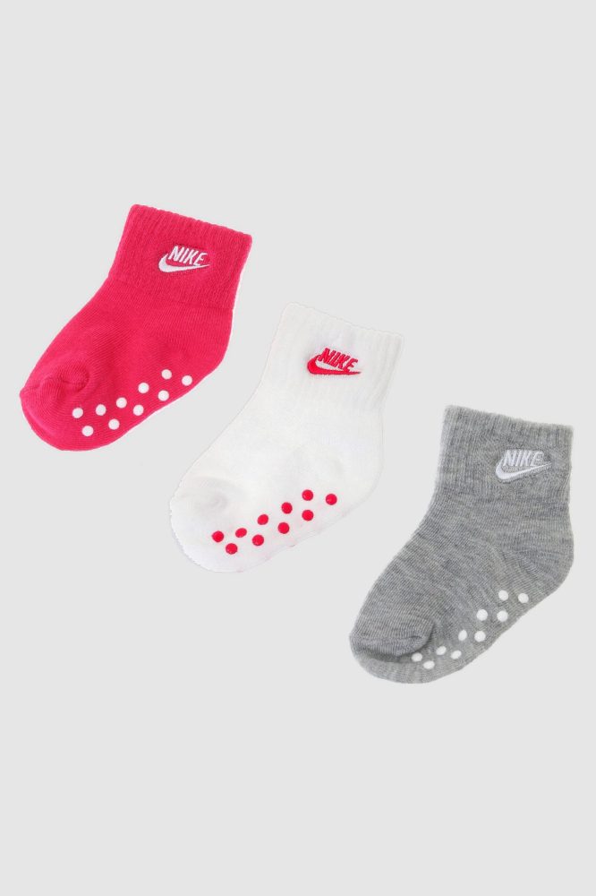 Nike Dreierpack Anti-Rutsch Baby Socken - Weiss + Grau meliert + Fuchsia EU15