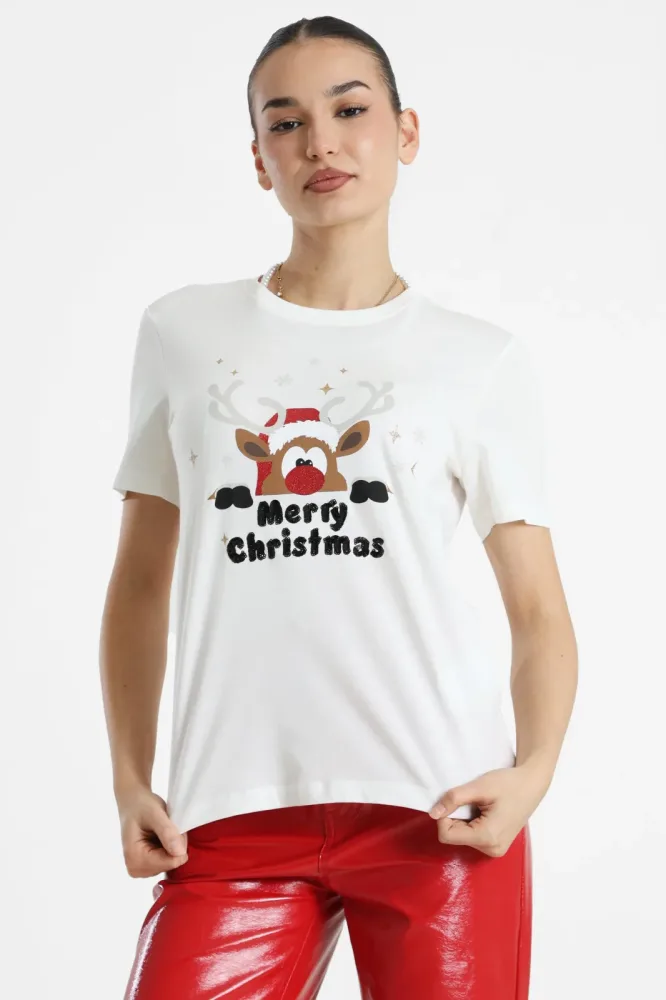Only Weihnachts-T-Shirt - Cloud Dancer L Damen