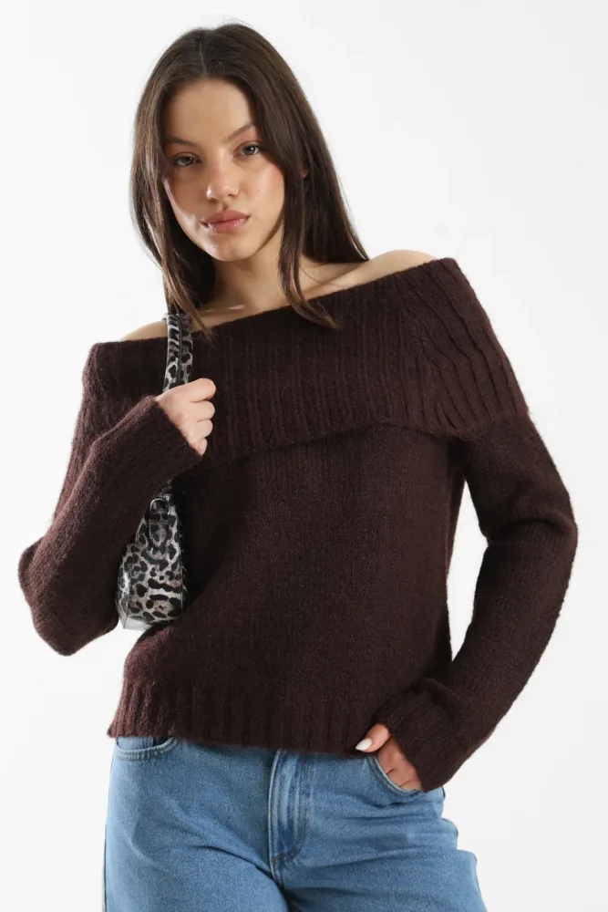 Only ONLSHINE Off Shoulder Strickpullover - Seal Brown Melange L Damen