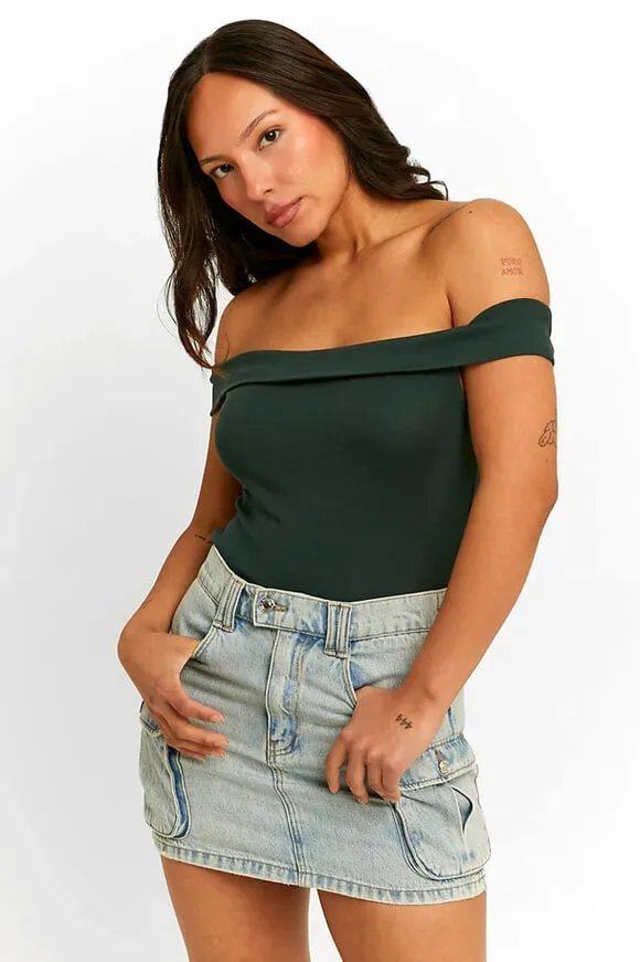 Tally Weijl Off Shoulder Crop Top - Dark Green M Damen