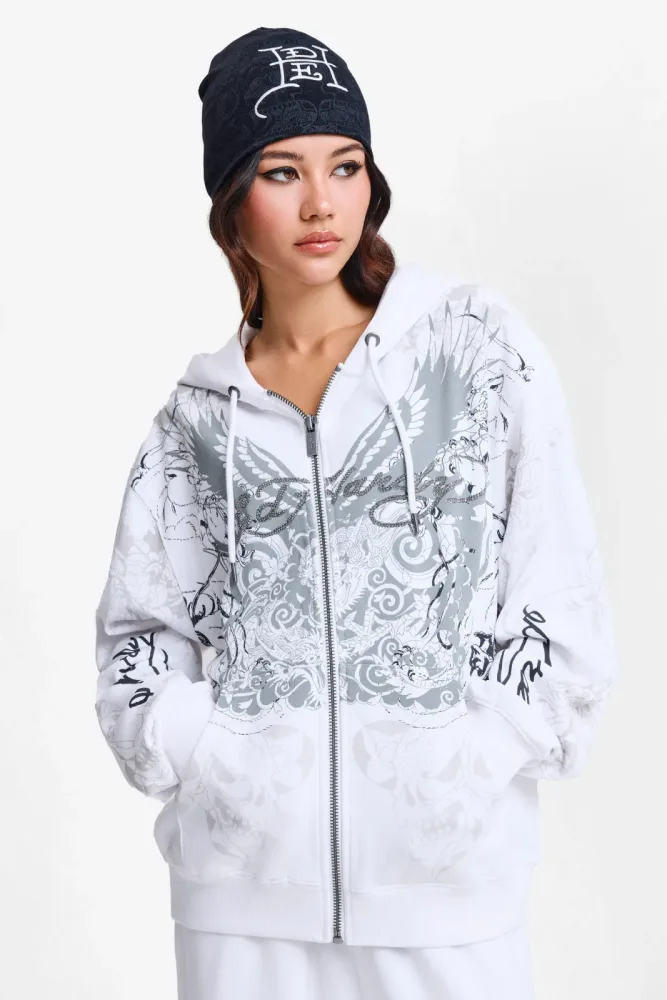 Ed Hardy Diamante Venom Oversize Kapuzensweatjacke - White XS Damen