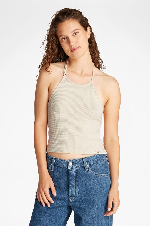 Calvin Klein Jeans Neckholder Crop Top aus Waffelstoff - Turtledove + Aloe Wash XXS Damen