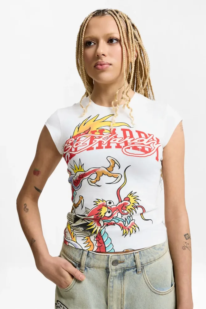Ed Hardy Varsity Dragon T-Shirt - Offwhite XS Damen