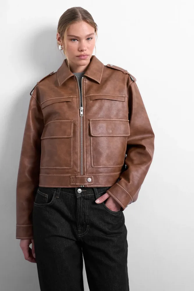 TOPSHOP TSMADISON Kunstleder Bikerjacke - Brown Lentil XS Damen