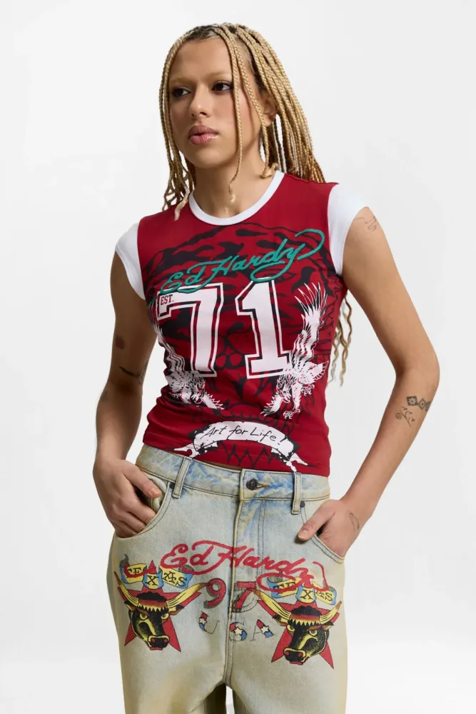 Ed Hardy T-Shirt - Red + White S Damen