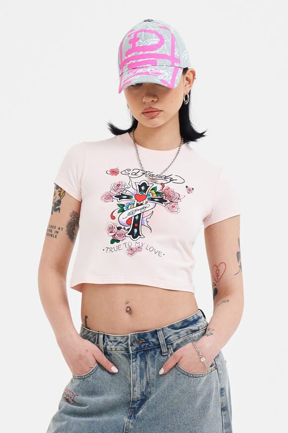 Ed Hardy Love Is True Crop T-Shirt - Pink M Damen