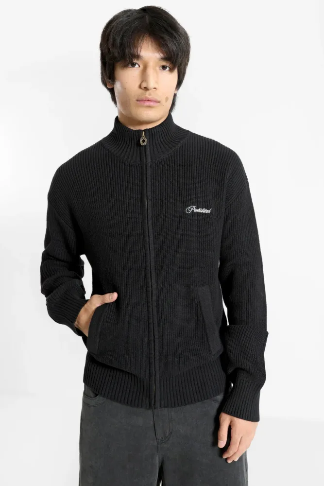 Prohibited Campus Gerippte Strickjacke - Black S Herren