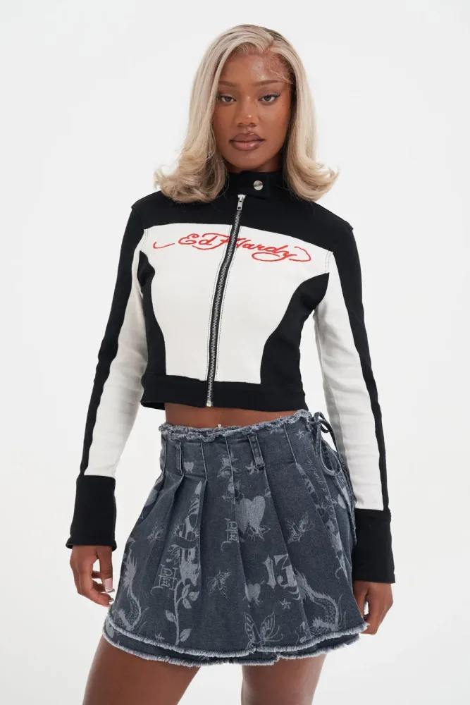 Ed Hardy Crop Bikerjacke - Black + Beige M Damen