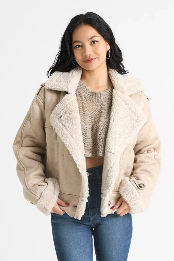 Only Ylva Shearling Jacke - Safari + Pumice Stone XS Damen