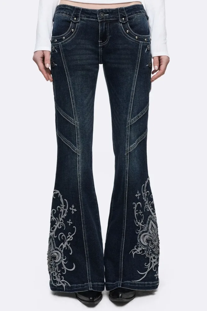 Minga London Lis Flare Jeans mit Nieten - Dark Blue Washed 28 Damen
