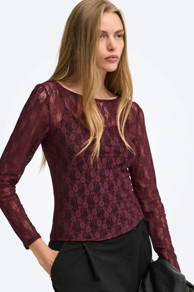 Only ONLNIKITA Spitzen Langarmshirt - Decadent Chocolate XS Damen