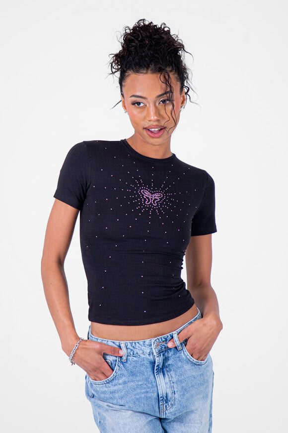 Felicious Glowing Butterfly Crop T-Shirt - Black S Damen