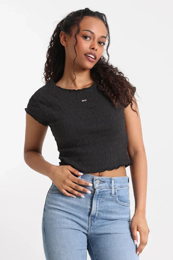 Tommy Jeans Gesmoktes Crop T-Shirt - Black S Damen