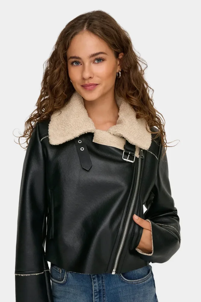 Only ONLDORA Crop Kunstlederjacke - Black + Humus XS Damen