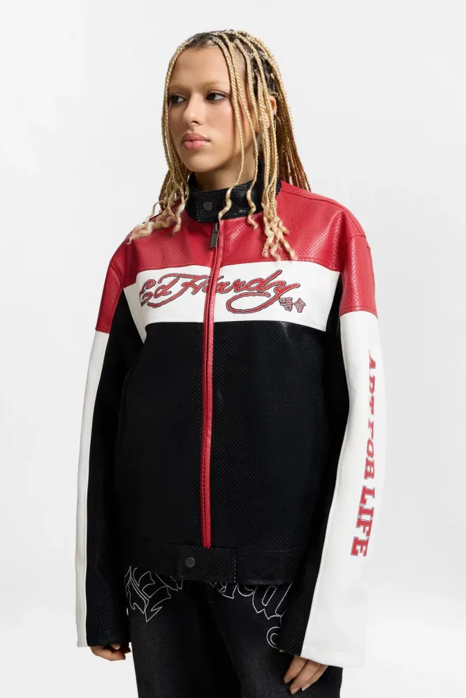 Ed Hardy Kunstleder Bikerjacke - Black + Red + White XS Damen