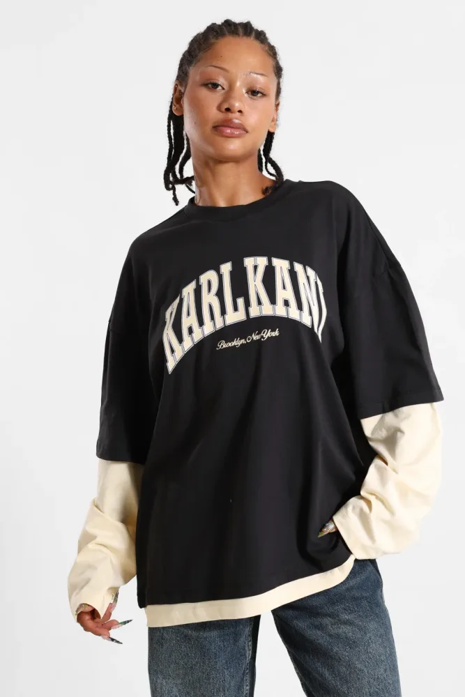 Karl Kani Oversize Langarmshirt - Black + Light Beige M Damen