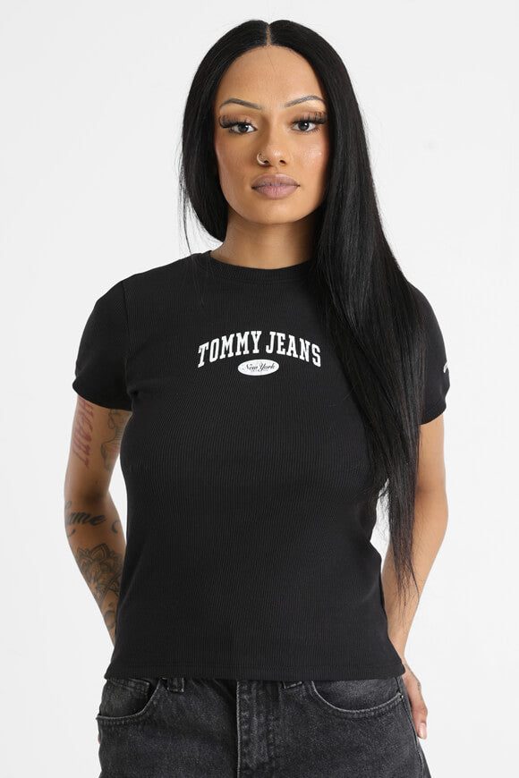 Tommy Jeans Varsity geripptes T-Shirt - Black S Damen
