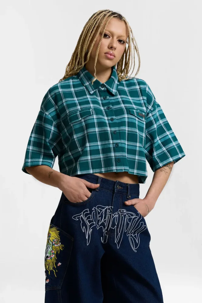 Ed Hardy Oversize Karohemd - Teal S Damen