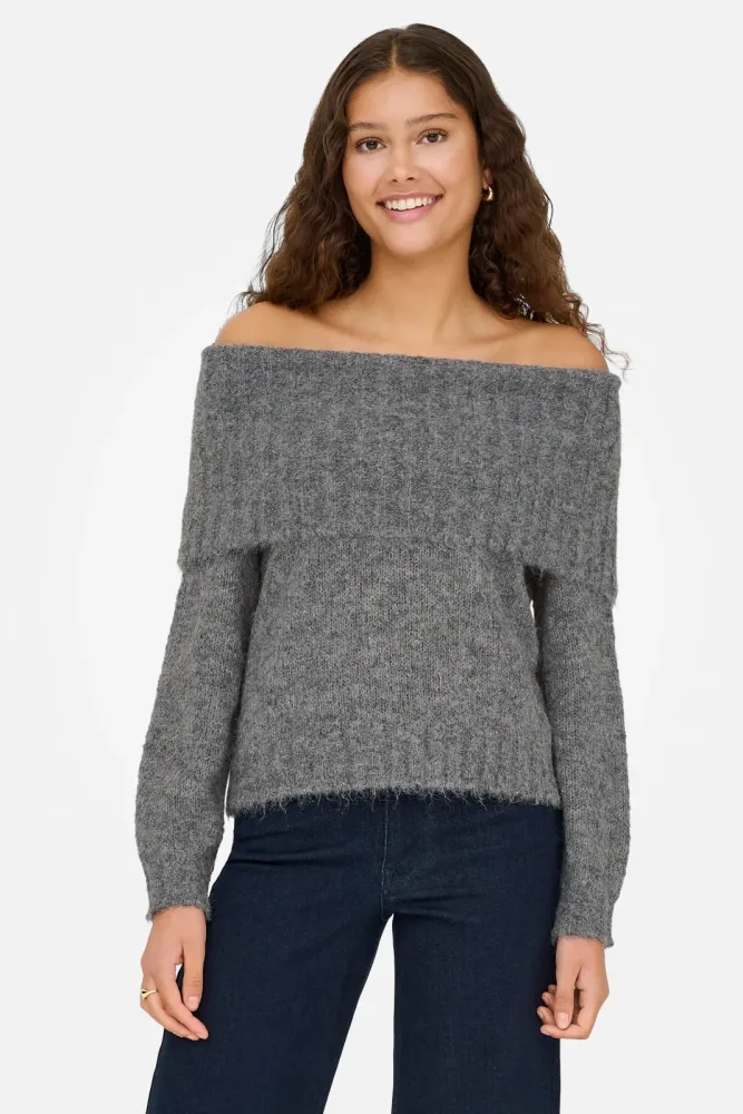 Only ONLSHINE Off Shoulder Strickpullover - Medium Grey Melange M Damen