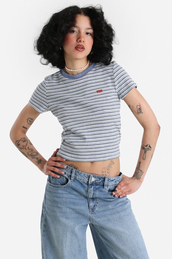 Levi's Geripptes Crop T-Shirt - Blue + White M Damen
