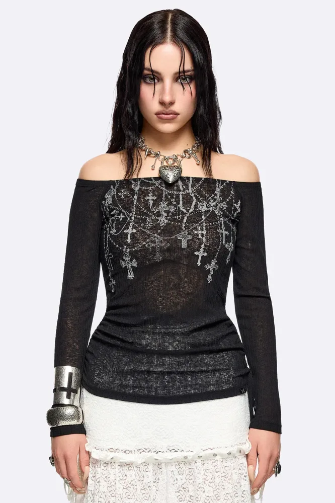 Minga London Rosary Off Shoulder Crop Langarmshirt - Black S Damen